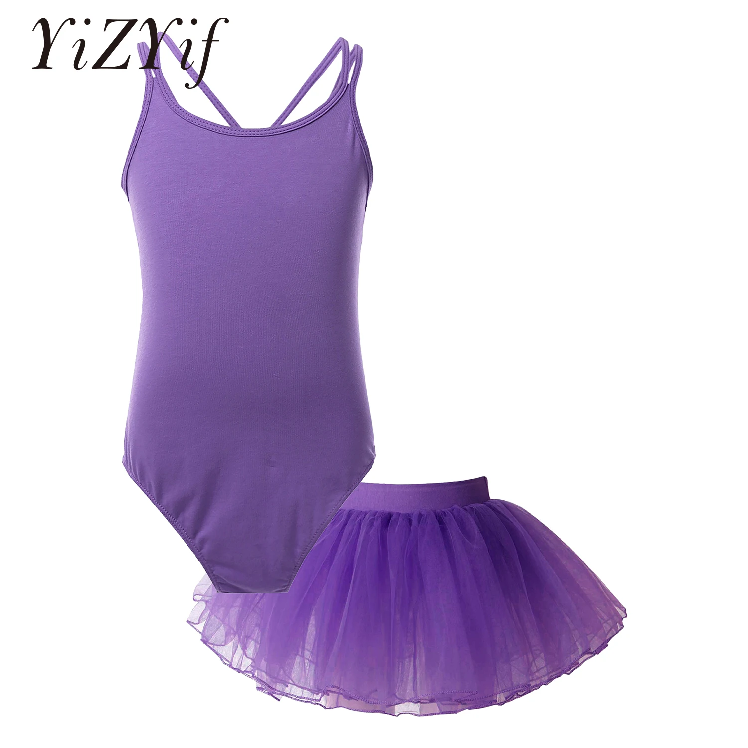 Girls Ballet Leotard Tulle Layered Skirts Crisscross Dance Leotards 2 Pieces Dance Suits Kids Sleeveless Ballet Bodysuits