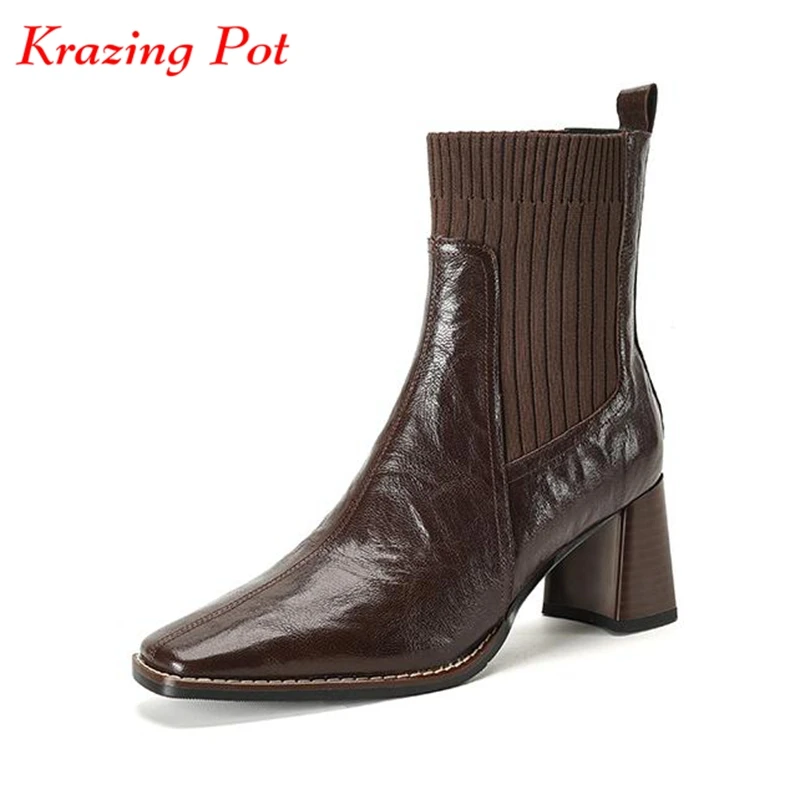 

Krazing Pot Sheep Leather Knitwear Square Toe Winter Warm Chelsea Boots Thick High Heel Street Wear Slip On Elastic Ankle Boots