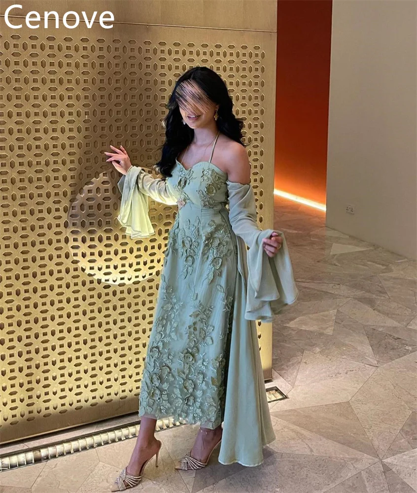 

Cenove Green Halter Prom Dress Long Sleeves With Ankle-Length Evening Summer Elegant Party Dress For Women2023