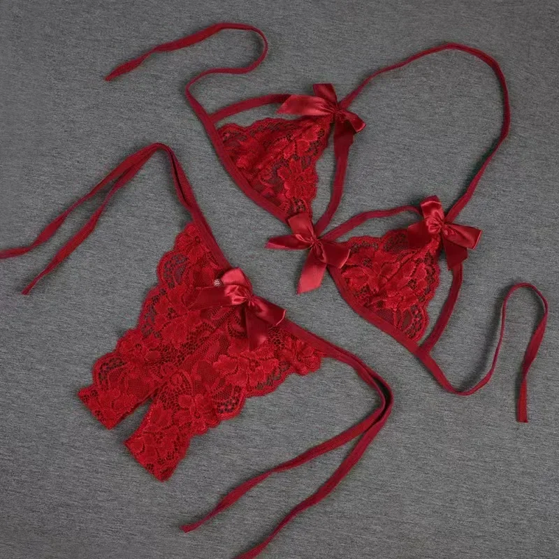 Women Lingerie Detachable Three Point Two-piece Set Sexy Open Crotch Mini Panties Seductive Lace Thong Strap Underwear