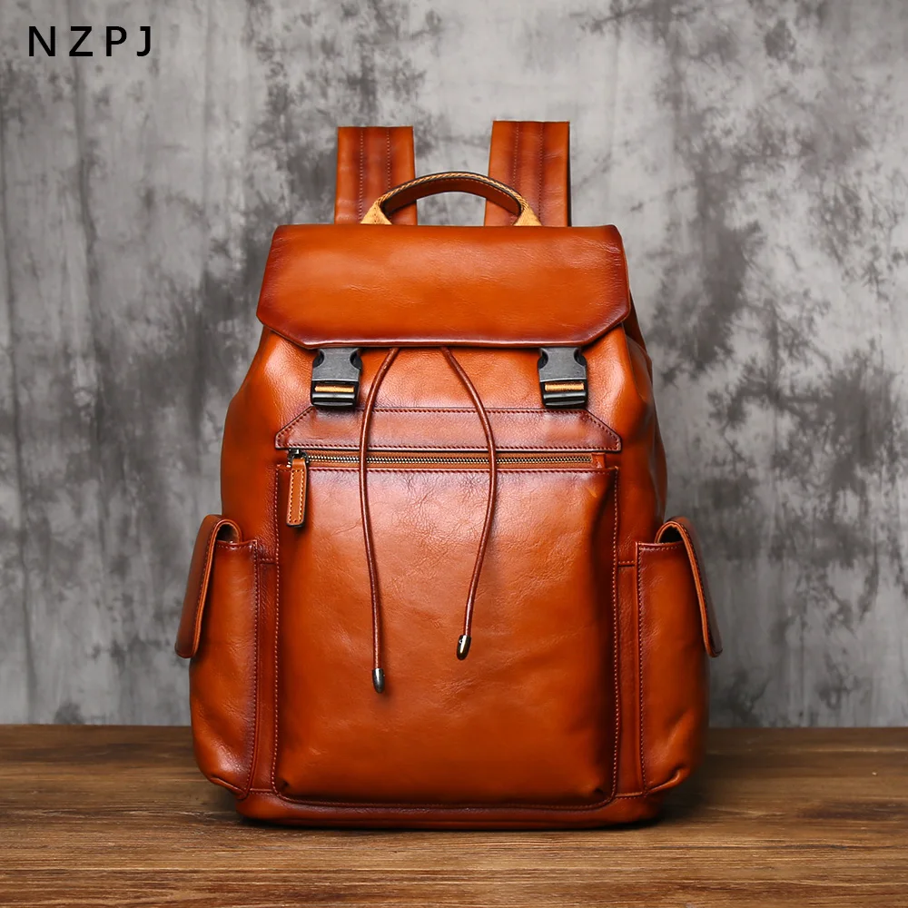 NZPJ Men's Genuine Leather Backpack Top-Grain Cowhide Flap Large Capacity Outdoor Travel Retro Casual Laptop Bag