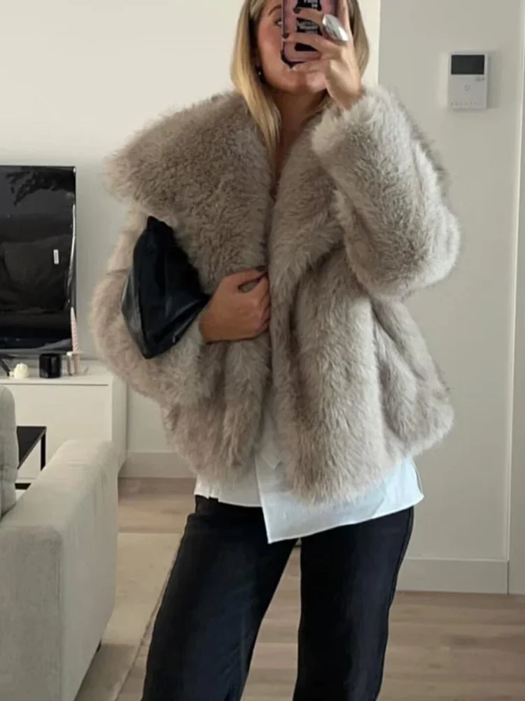 TRAF Faux Fur Coat Plush Fluffy Women's Jacket 2024 Woman Autumn Winter New in Outerwears White Red Gray Black Wool Blends Coats 3