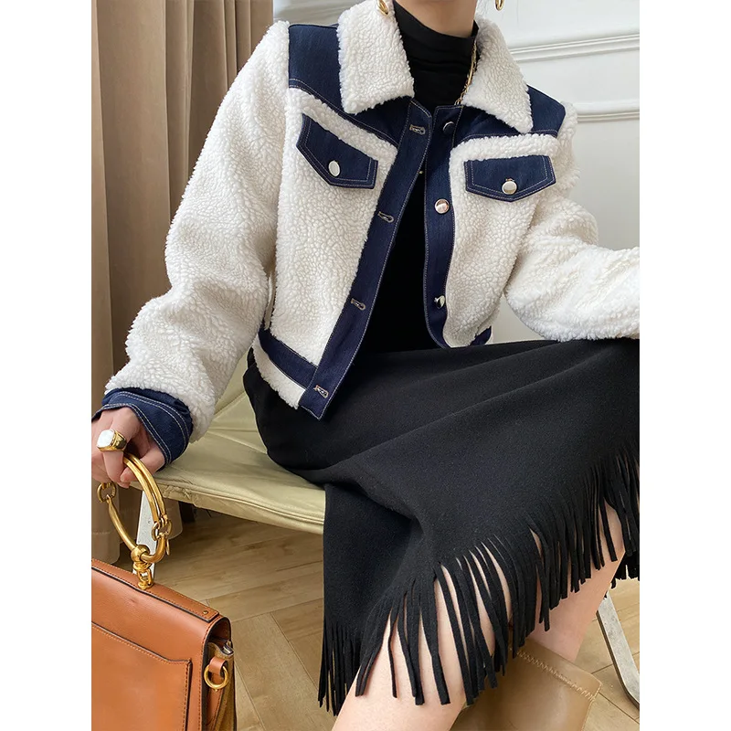 

Lamb Jacket Denim Contrast Stitching Coat Women Autumn Winter New Clothes Casual Outwear Short Jackets Jeans Spliced Lamb Wool