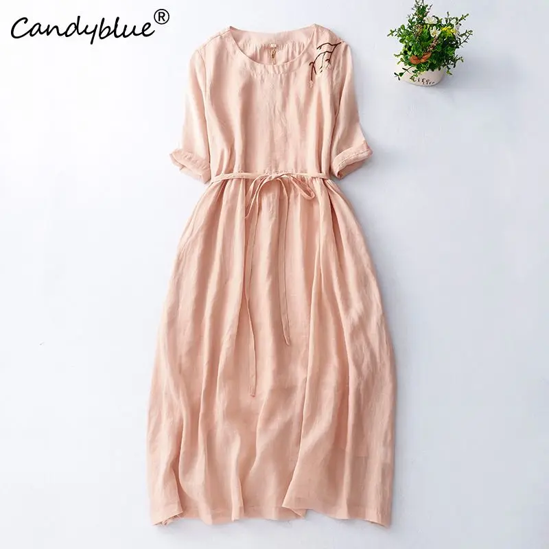 

2023 Spring Summer New Chinese Light National Style Literature and Art Retro Waist Mid Length Skirt Women's Fashion Casual Dress