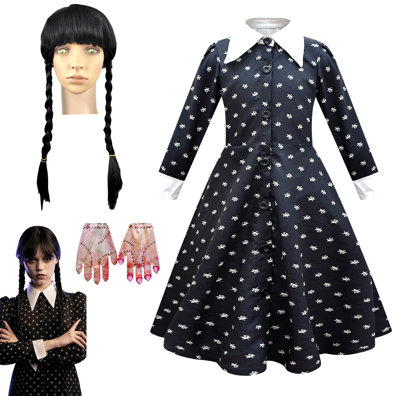 Kids The Wednesday Addams Costume Cosplay Morticia Black Dress Girls Wig Girls Gothic Outfits Halloween Role Play Abbigliamento