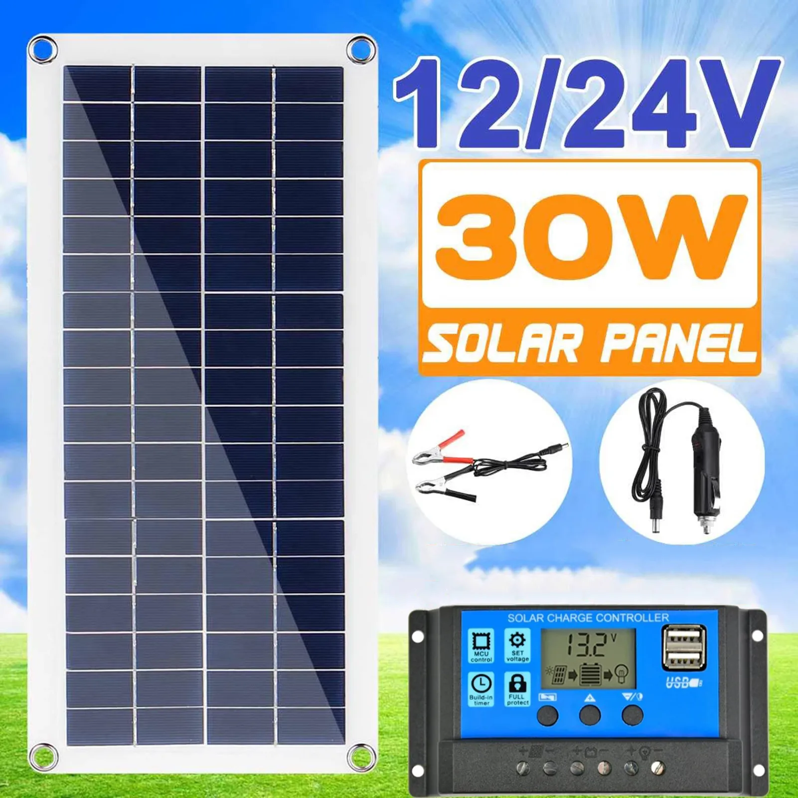 Solar Panel 10 Watts 12 Volts Polycrystalline High Efficiency Module RV for Car Boat with Alligator Clip Adapter 