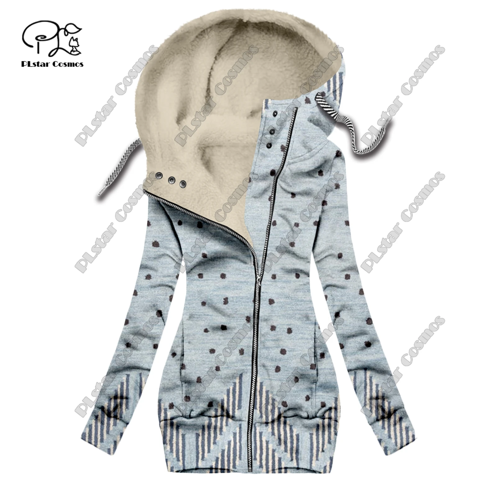 New 3D printing retro series carpet print pattern plus velvet warm women's long zipper hoodie jacket commuting casual winter F-8