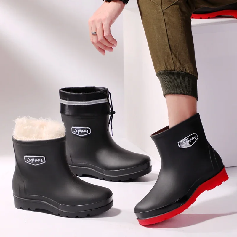 New Rain Boots Men's Waterproof Shoes Drawstring Top Thick Rain Boots Winter Integrated Fleece-lined Non-Hardening Fishi...