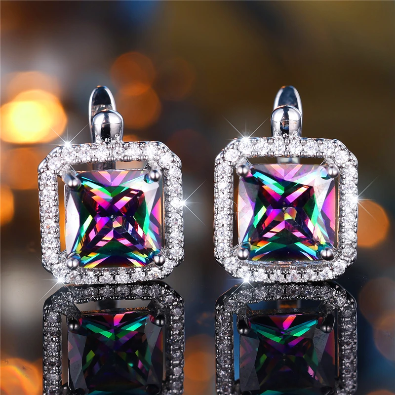 Cute Rainbow Zircon Stone Square Hoop Earrings For Women Charm