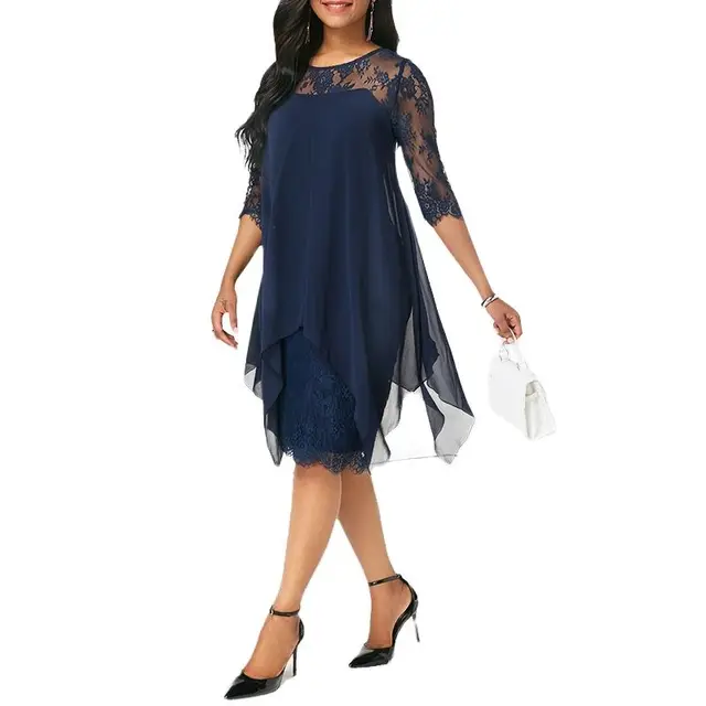 Big Size Spring Autumn Vintage Woman Lace Plus Size Dresses Casual Elegant Patchwork Party Midi Dress Ladies Chiffon Vestidos Excellent product recommendation
