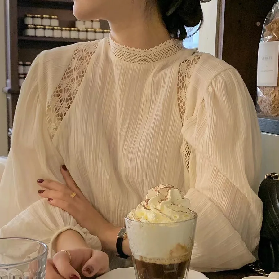 

Stand Collar Elegant Women Blouse Hollow Out Lace Long Sleeve Shirts Ladies Loose Casual Simple Short Tops Blusas De Mujer 27343