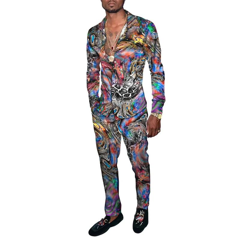 Hawaiian Shirt Suit 3D Serpentine Print 2PCS Set Striped Check Fashion Breathable Men Long Sleeve Shirt  Pants Two Piece Suits 6