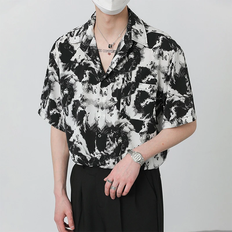 

Korean Ink Painting Dark Black Shirt Men's High Street Turn Down Collar Long Sleeve Blouse Spring 2024 Trendy Loose Casual Tops