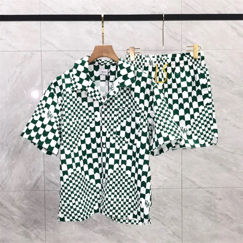 

2024 new Chessboard Rhude Beach Shirt Men Women Loose Green Blue Brown Black Shirts Inside Tags mens shirts