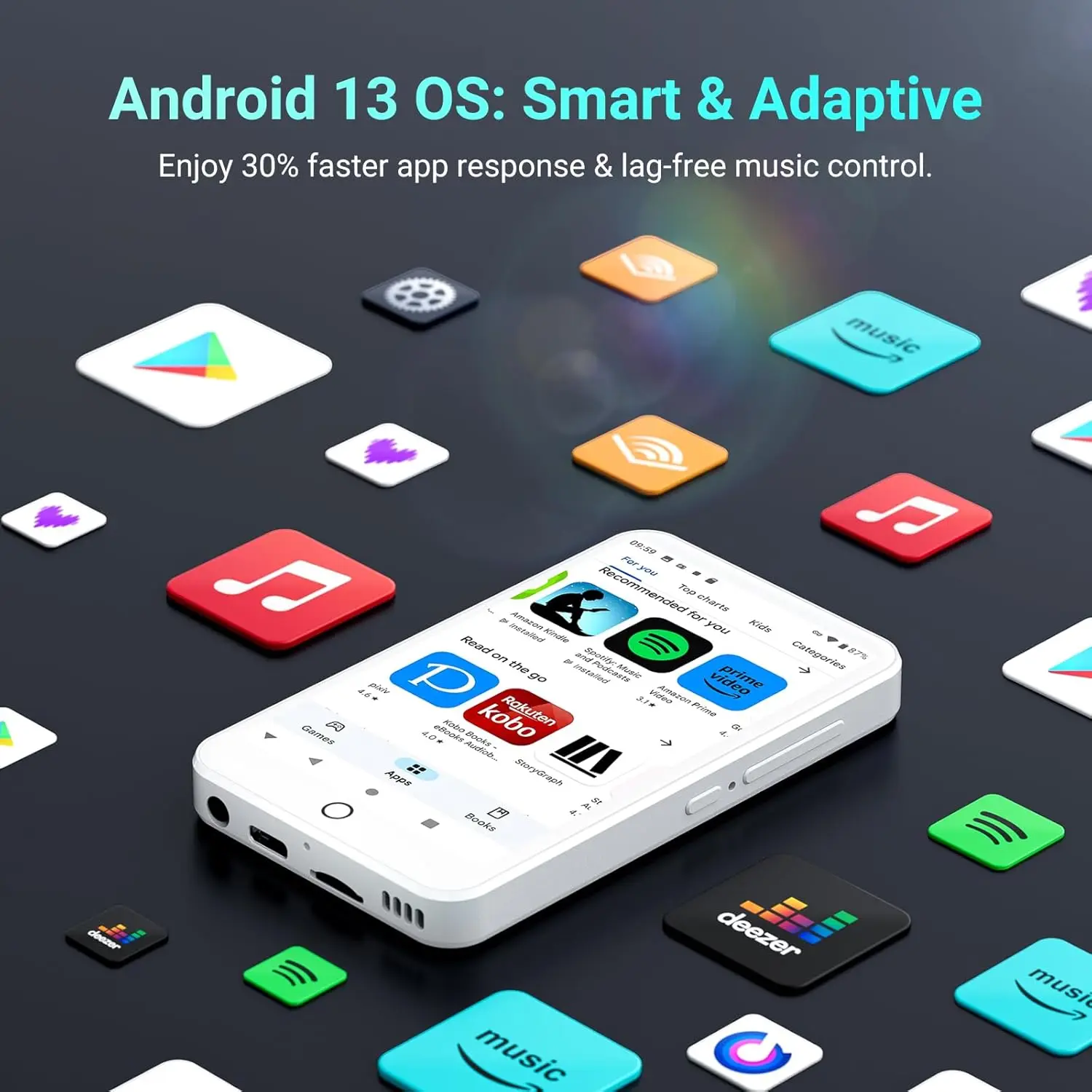 96GB(64+32GB） MP3 Player with Bluetooth and WiFi, Android 13 MP3 MP4 Players with 4" Touchscreen and Speaker, 3GB RAM & 32GB ROM