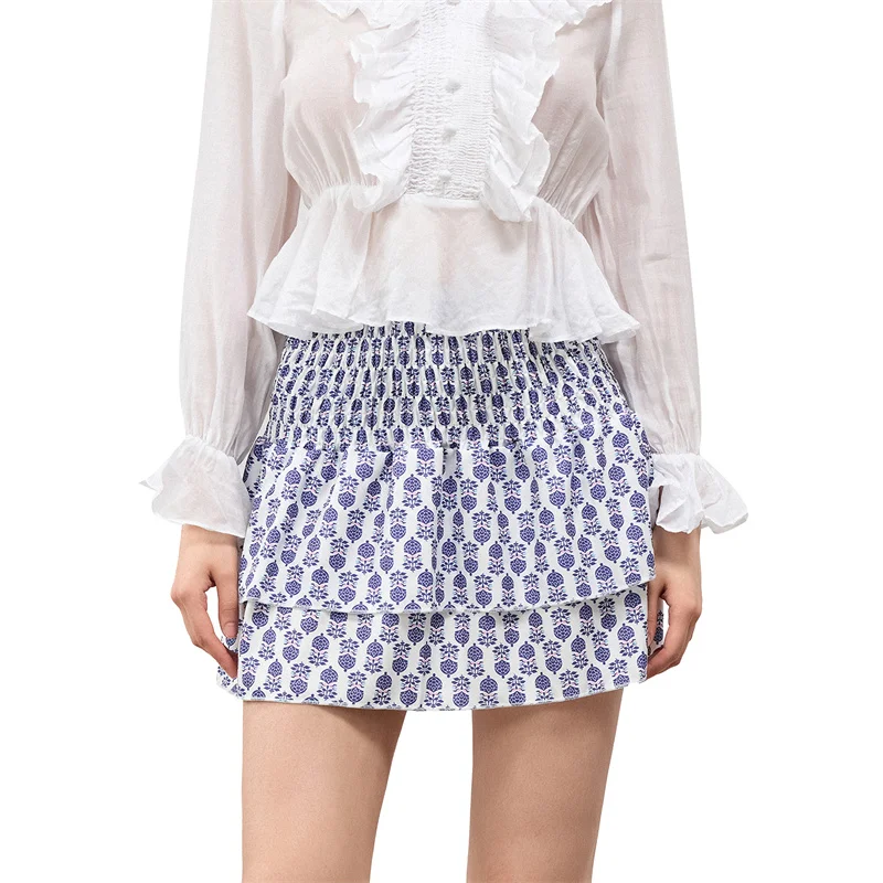 Minifalda de verano para mujer, con estampado floral, elástica, de cintura alta, con volantes escalonados, faldas cortas de corte A, faldas para salir, ropa de calle
