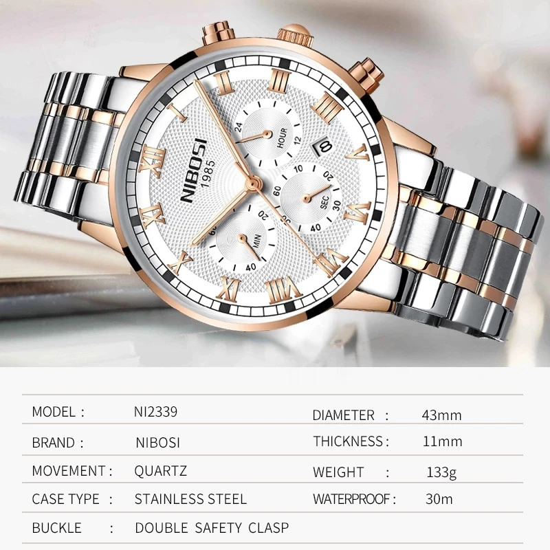 NIBOSI Fashion Quartz Watch for Men Stainless Steel Waterproof Mens Watches Top Brand Luxury Chronograph Watch Relogio Masculino