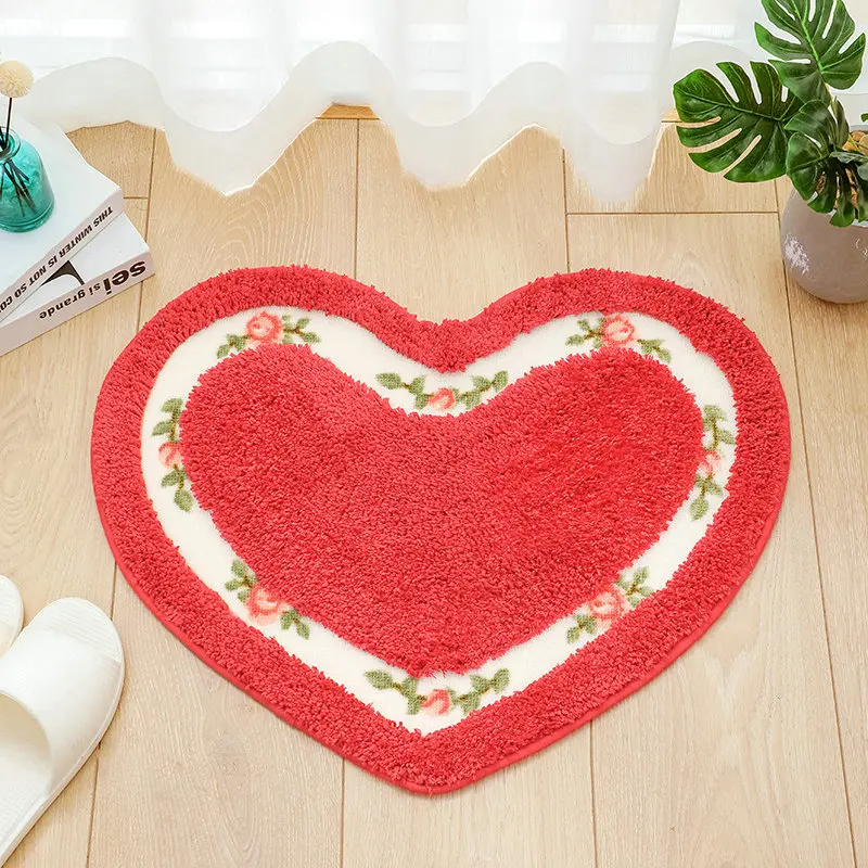 Heart Shape Rug Embroidered Flower Carpet Nonslip Toilet Bath Mat