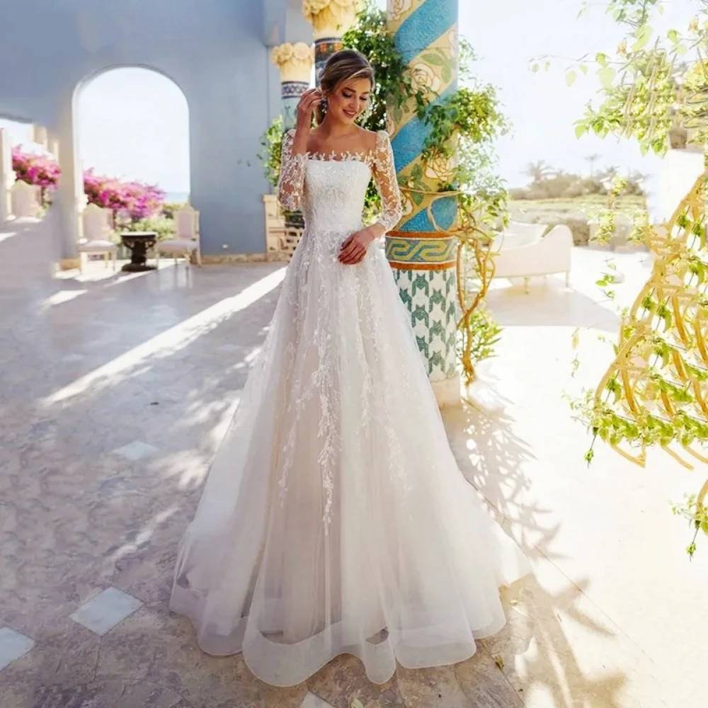 

Dainty Illusion O-Neck Wedding Dress Pleats A-Line Long Train Tulle 3D Appliques Full Sleeves Button Backless Bridal vestidos