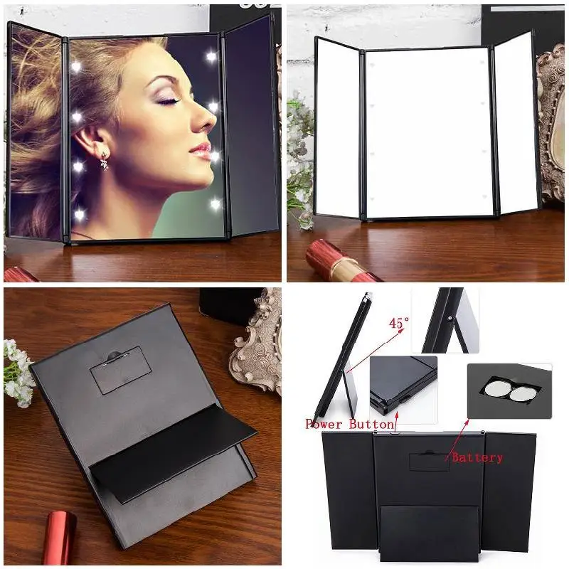 Tri-Fold Makeup Mirror with LED Light Portable Travel Compact Pocket Mirrors Travel Fold Cosmetic Mirror 6
