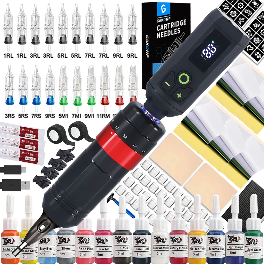 

Complete Tattoo Machine Kit Rotary Tattoo Pen Set with Wireless Power Supply Cartridge Needles Ink Permanent Makeup Tools