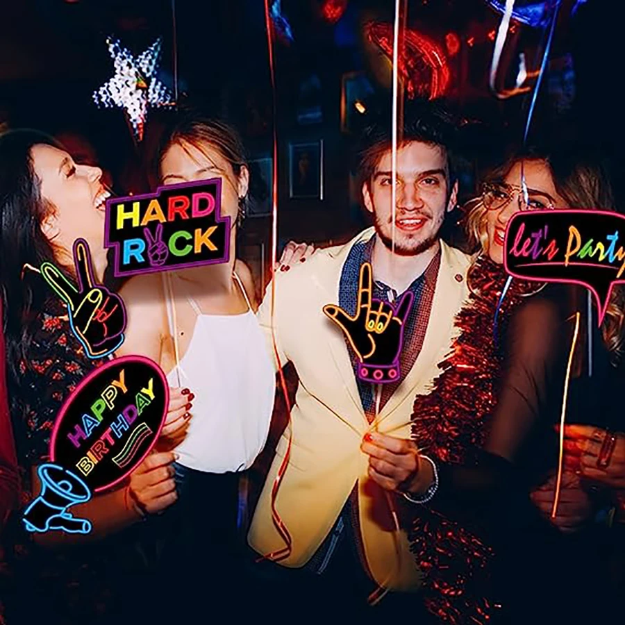 Glowing neon photo booth props with sticks that let us glow in the dark 16 party photo props party supplies fav