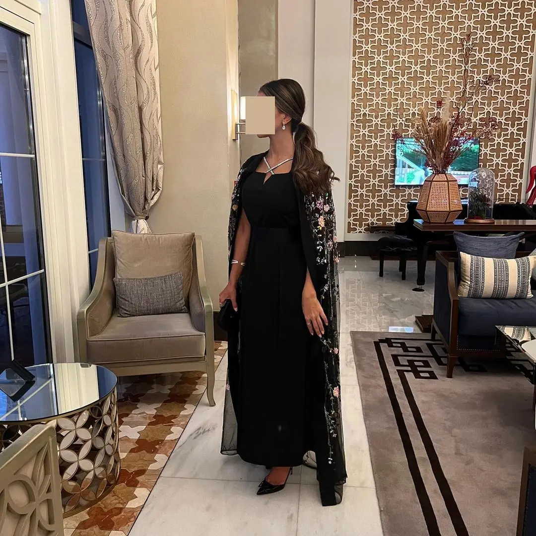 

2023 New Flowers Sequins Prom Dresses Cape 2-Piece Ankle-Length Arabia Black Formal Evening Dresses Robes De