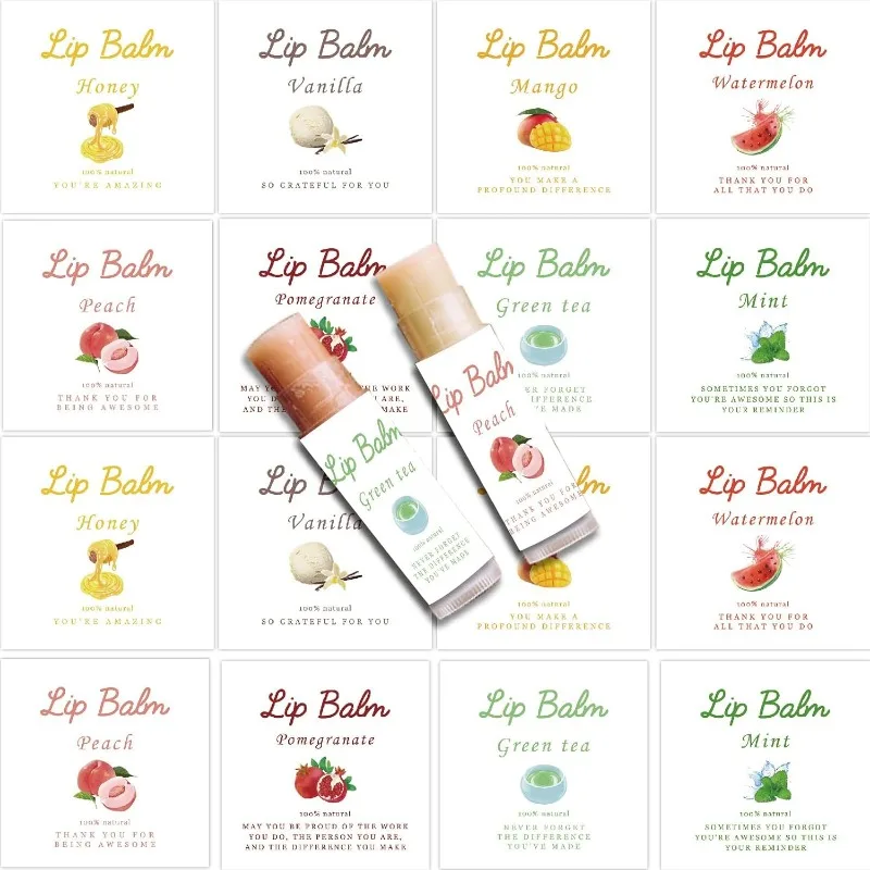 80Pcs 8 Styles Labels for Lip Balm Coated Paper Paster Honey Fruit Square Tubes Lip Balm Labels Stickers Natural Homemade