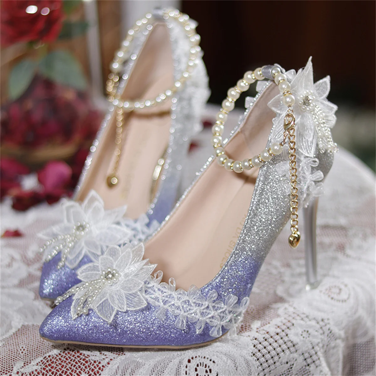 

French Fantastic Sweet Style Lolita Girls Shoes Elegant Noble Lace Pearls Tassels Flower Gentle Pointed Sandals 9cm High Heeled