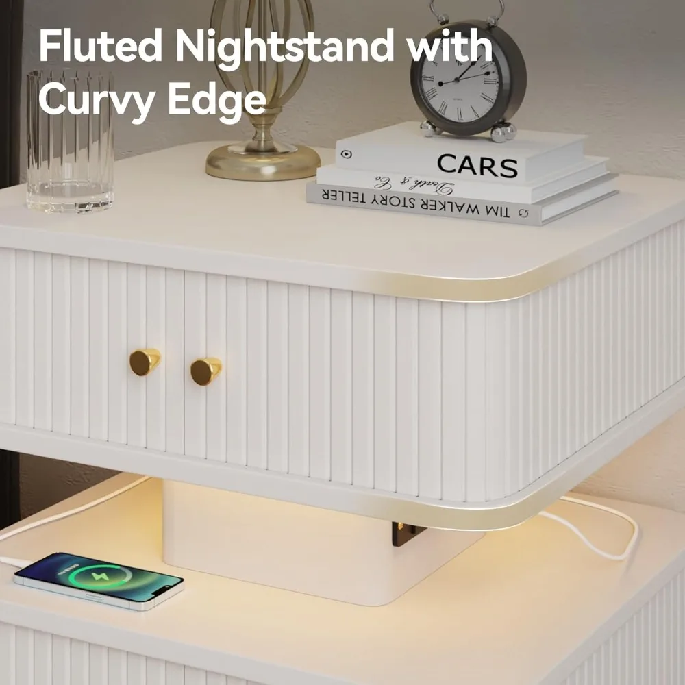 Night Stand, LED Nightstand, Bedroom Night Stand with Charging Station, 2 Drawer Nightstand, Modern Nightstands with Curvy Edge 6