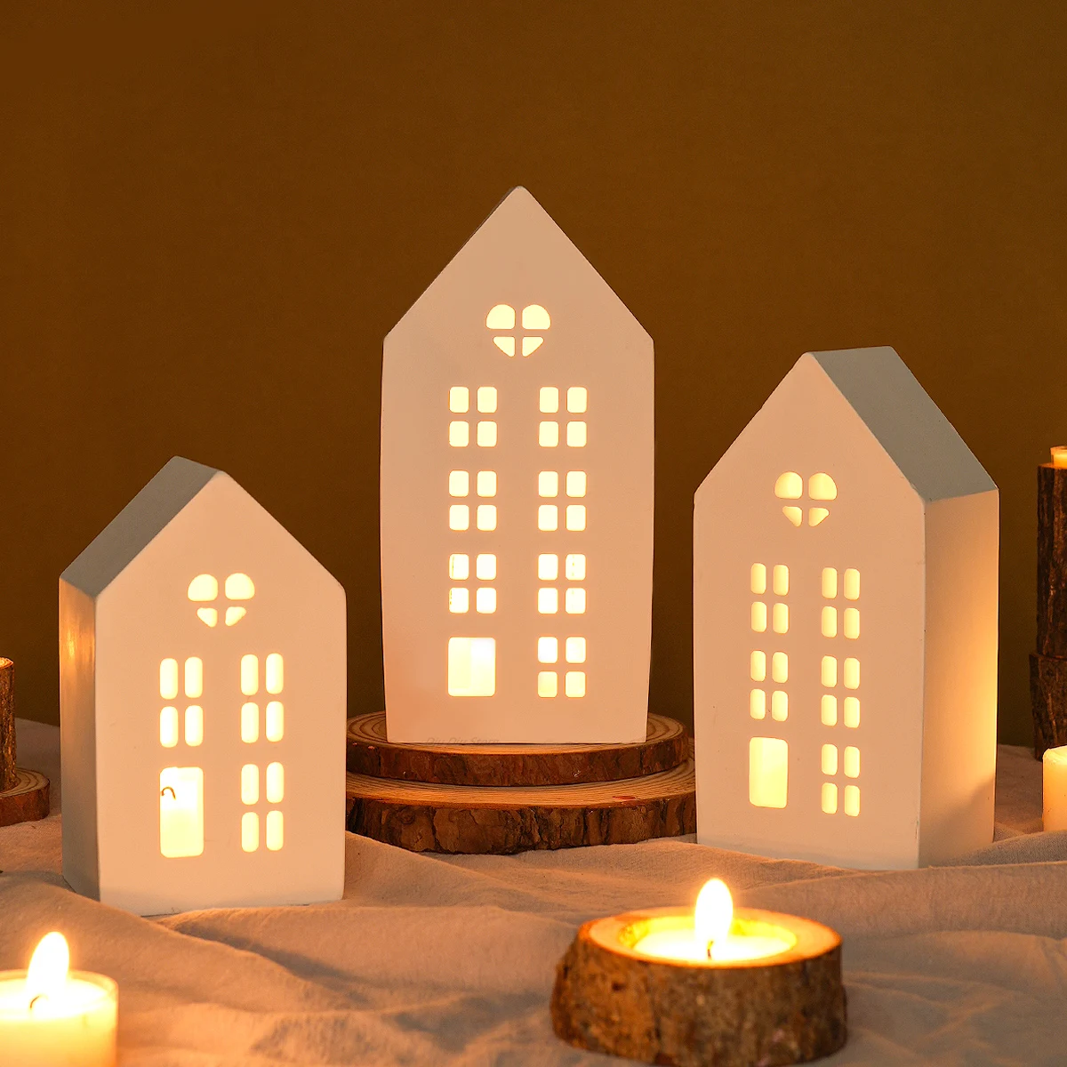 House Candle Holder Silicone Mold DIY Handmade Window Houses Plaster Concrete Resin Candlestick Craft Casting Molds Home Decor