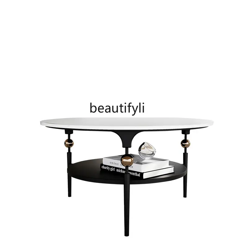 

Court Stone Plate round Tea Table Small Apartment Exquisite Coffee Table Light Luxury Modern Metal Living Room Home
