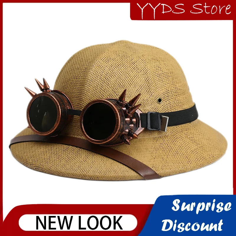 Novelty Straw Steampunk Helmet Pith Sun Hat Women Men Kids Vietnam War Army Hat Steam Punk Glasses Safari Jungle Miners Caps