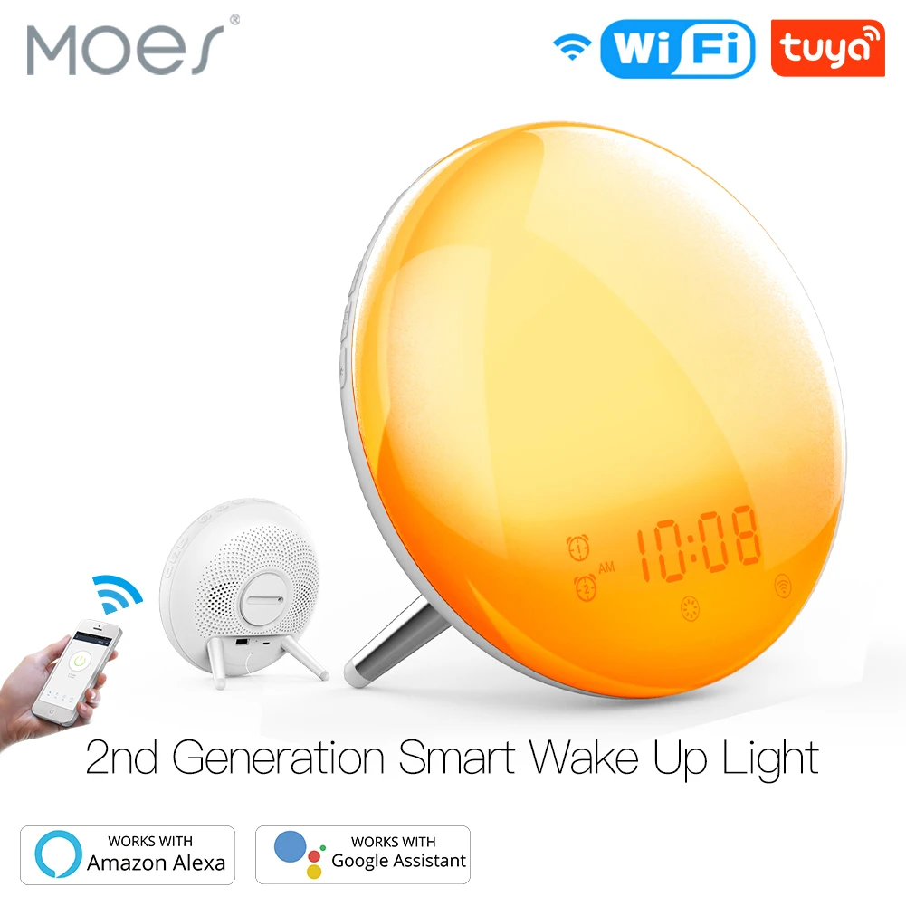 WiFi Smart Wake Up Light Workday Alarm Clock with 7 Colors Sunrise/Sunset Smart Life Tuya APP Works with Alexa Google Home