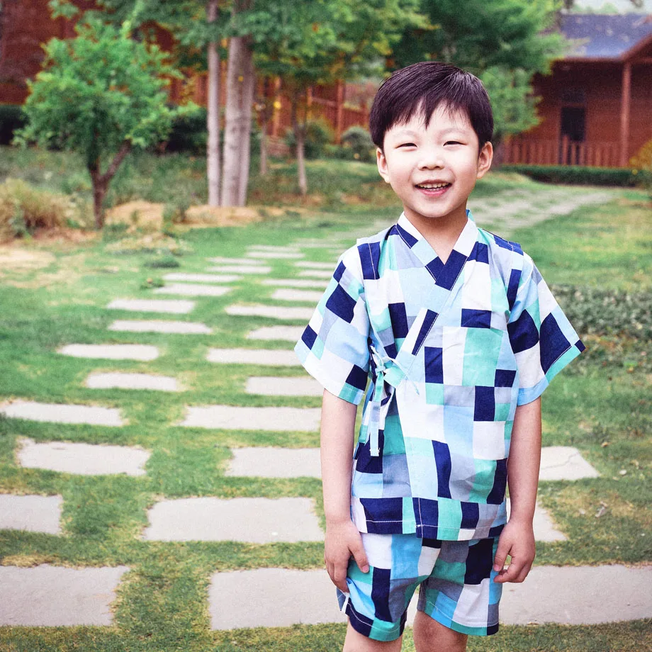 Japanese Cotton Children's Kimono Pajamas Set Boys Baby Short-Sleeved Creative Plaid Print Simple Sleepwear Pajamas Set LC827