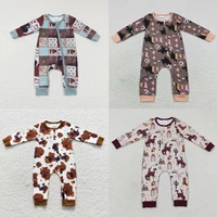 Wholesale Toddler Baby Boy Romper Western Clothes Kid One-piece Newborn Coverall Bodysuit Zipper Long Sleeves Cow Print Jumpsuit