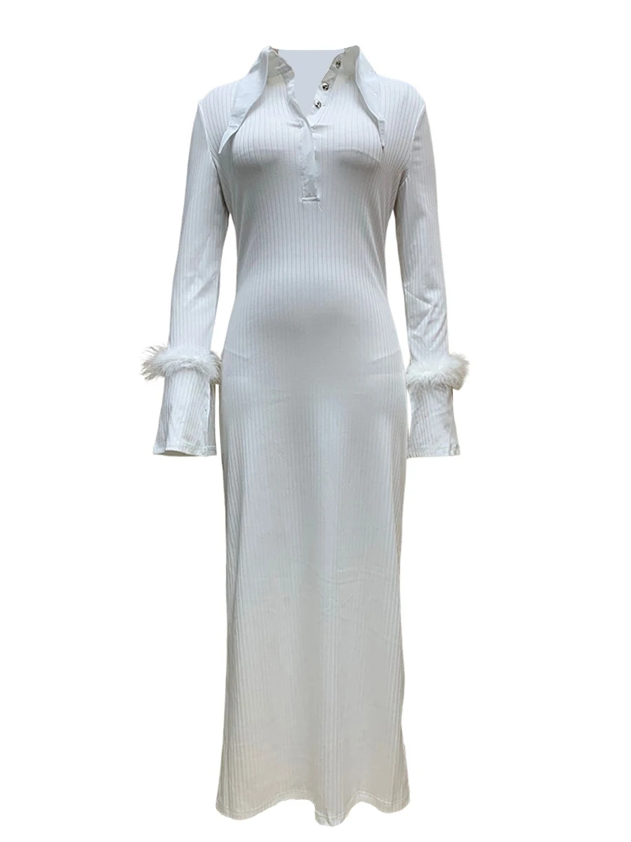 

Женское однотонное длинное платье с отложным воротником, длинное облегающее платье на пуговицах с длинным рукавом, Осеннее элегантное праздничное платье