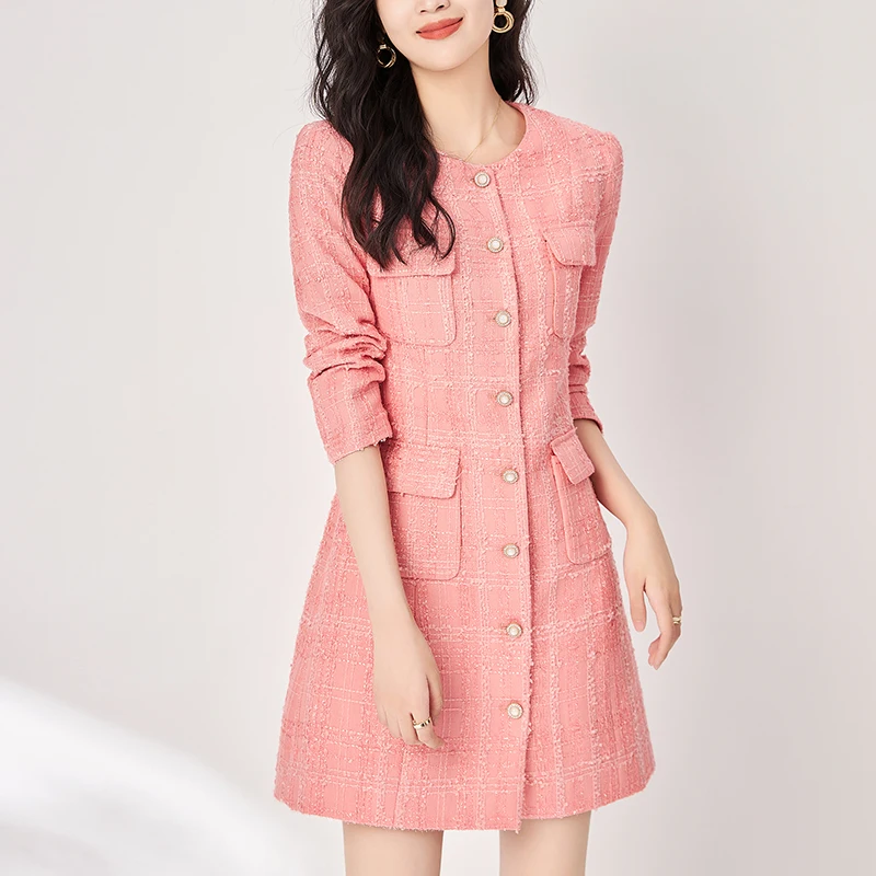 

Autumn Winter Women's Tweed Dress Long Sleeve Elegant Fashion Dresses For Women Slim Office Lady Vintage Party Dress A-line