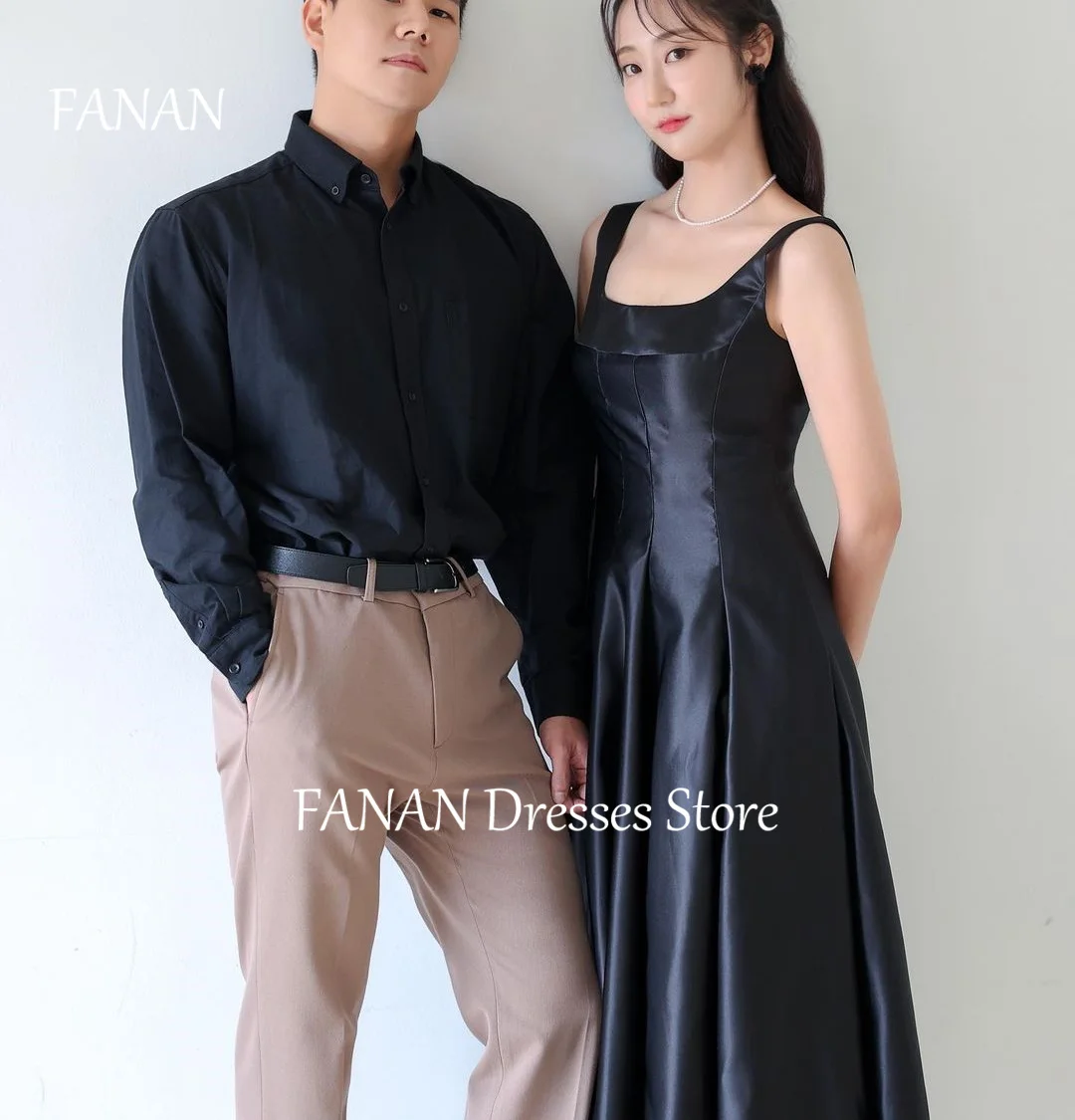 

FANAN Tulle Fairy Spaghetti Straps Evening Party Dresses Korea Black Satin Simple Wedding Women Formal Gowns Event Prom Gowns