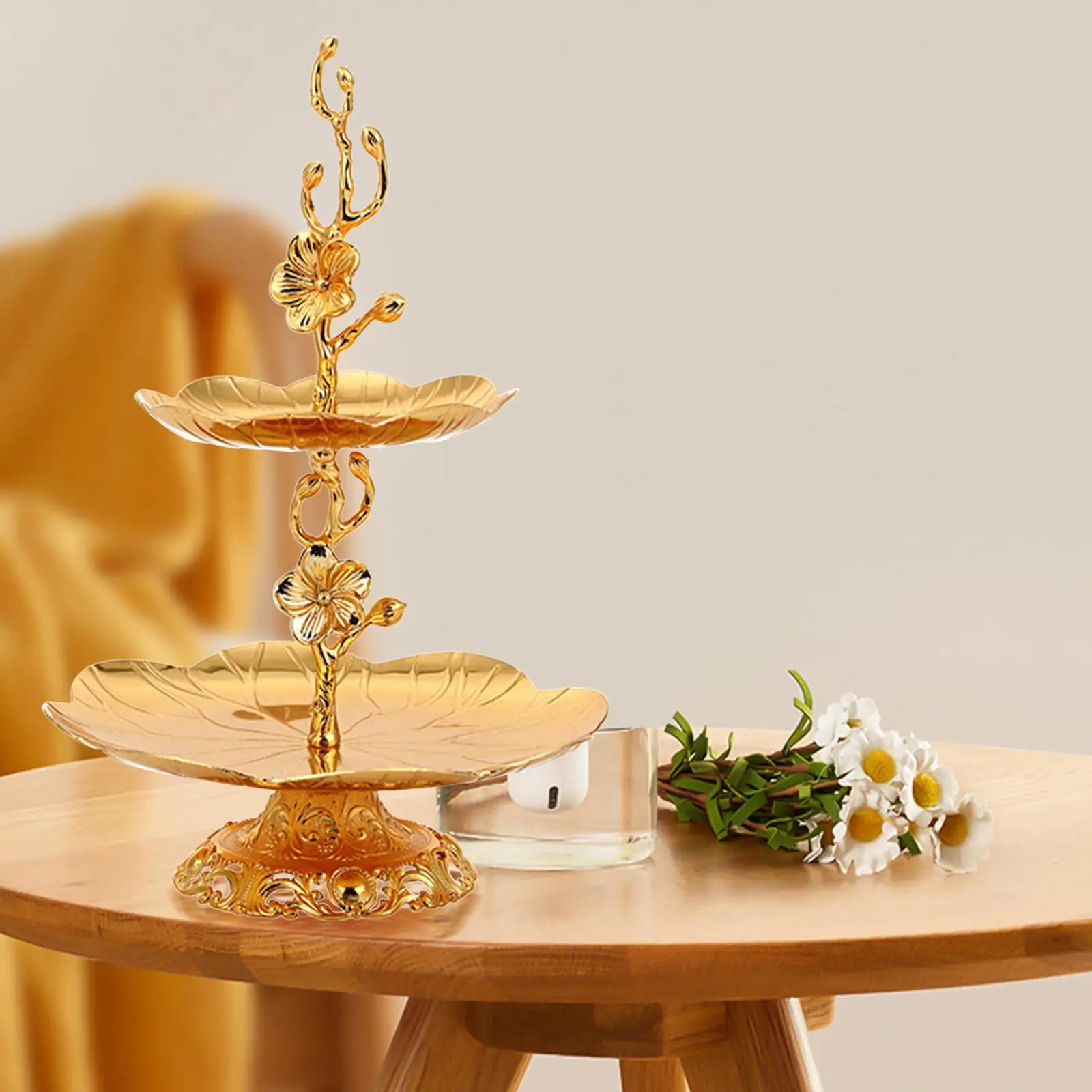 European Style 2 Tier Gold Cupcake Stand Statue Fruit Candy Display Tower Display Holder for Christmas Tea Party Supplies Home