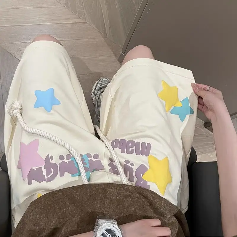 Women Trendy Print Streetwear Harajuku Y2K High Waist Wide Leg Short Pants 2024 Summer Students Casual Loose Sports Beach Shorts