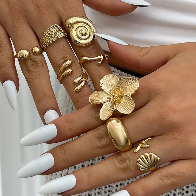 Bohemian Vintage Gold Color Open Joint Ring For Women Vacation Beach Style Flower Starfish Knuckle Rings Set Jewelry 1