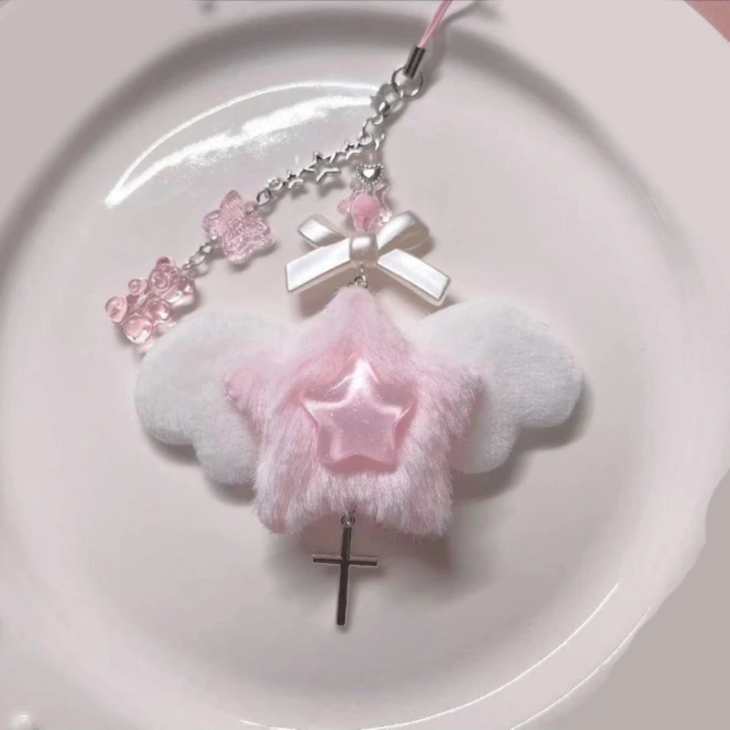 Bowknot Phone Chain Angel Wing Pendant Keychain Sweet Cool Phone Lanyard Acrylic Keyring Bag Ornament