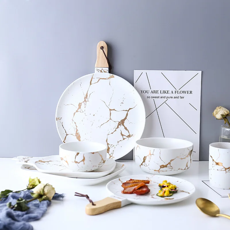 Gold Marble Glazes Ceramic Party Tableware Set Porcelain Breakfast Plates Dishes Noodle Bowl Coffee Mug Cup For Decoration ceramic tableware set