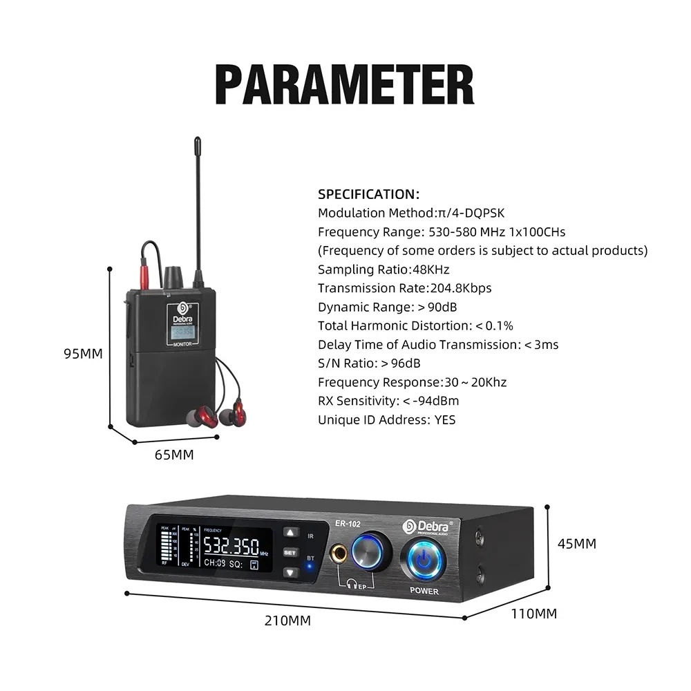 Debra Audio ER-102 UHF Wireless In Ear Monitor System Professional with Monitoring Type for Stage, Recording Studio, Musicians