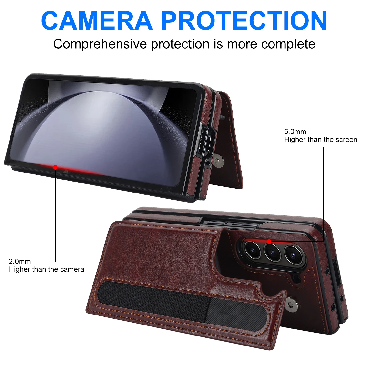Leather Wallet Phone Case with Card Holder and Double Buckle, Pen Slot, Protective Design