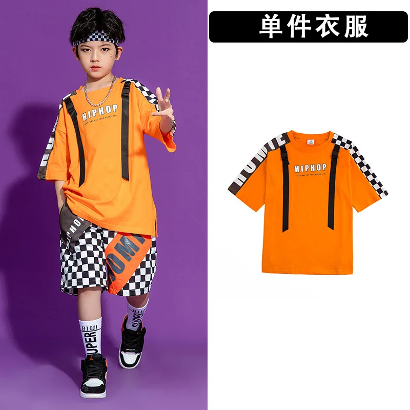 Traje de baile de hip hop naranja para niños, disfraces de actuación en el escenario para niños, ropa de actuación en equipo con costuras contrastantes para niñas