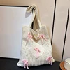 حقيبة حمل كروشيه على طراز Preppy مع لمسات فراشة، حقيبة كتف بوليستر بلون سادة، حقيبة شاطئ عصرية قابلة للطي
