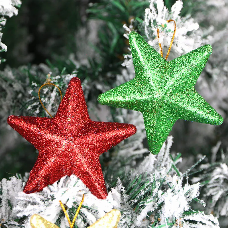 (6PCS/bag) 7.36CM Sparkling Pink Pentagram Christmas Tree Pendant for New Year Celebration with Design Sense