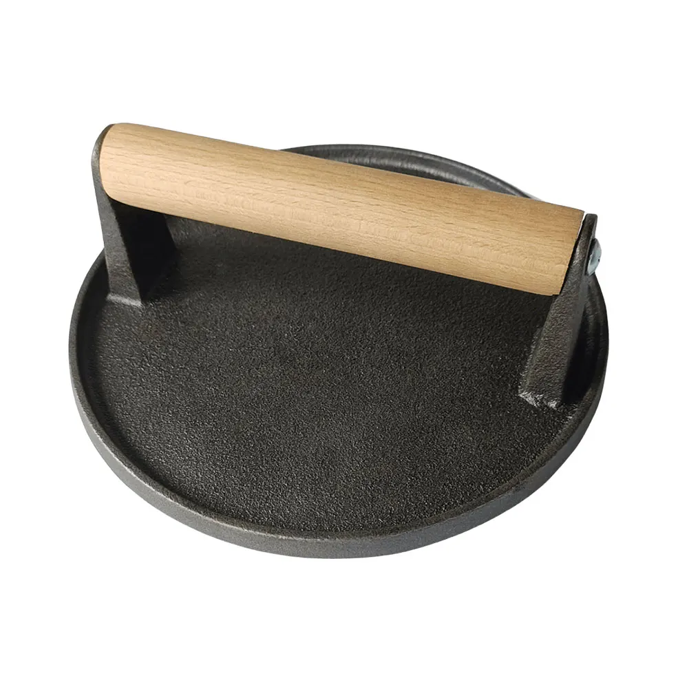 Cast Iron Burger Smasher Ergonomic Rectangle Hamburger Press with Wood Handle Thickened for Griddle Sandwich Nonstick Pan